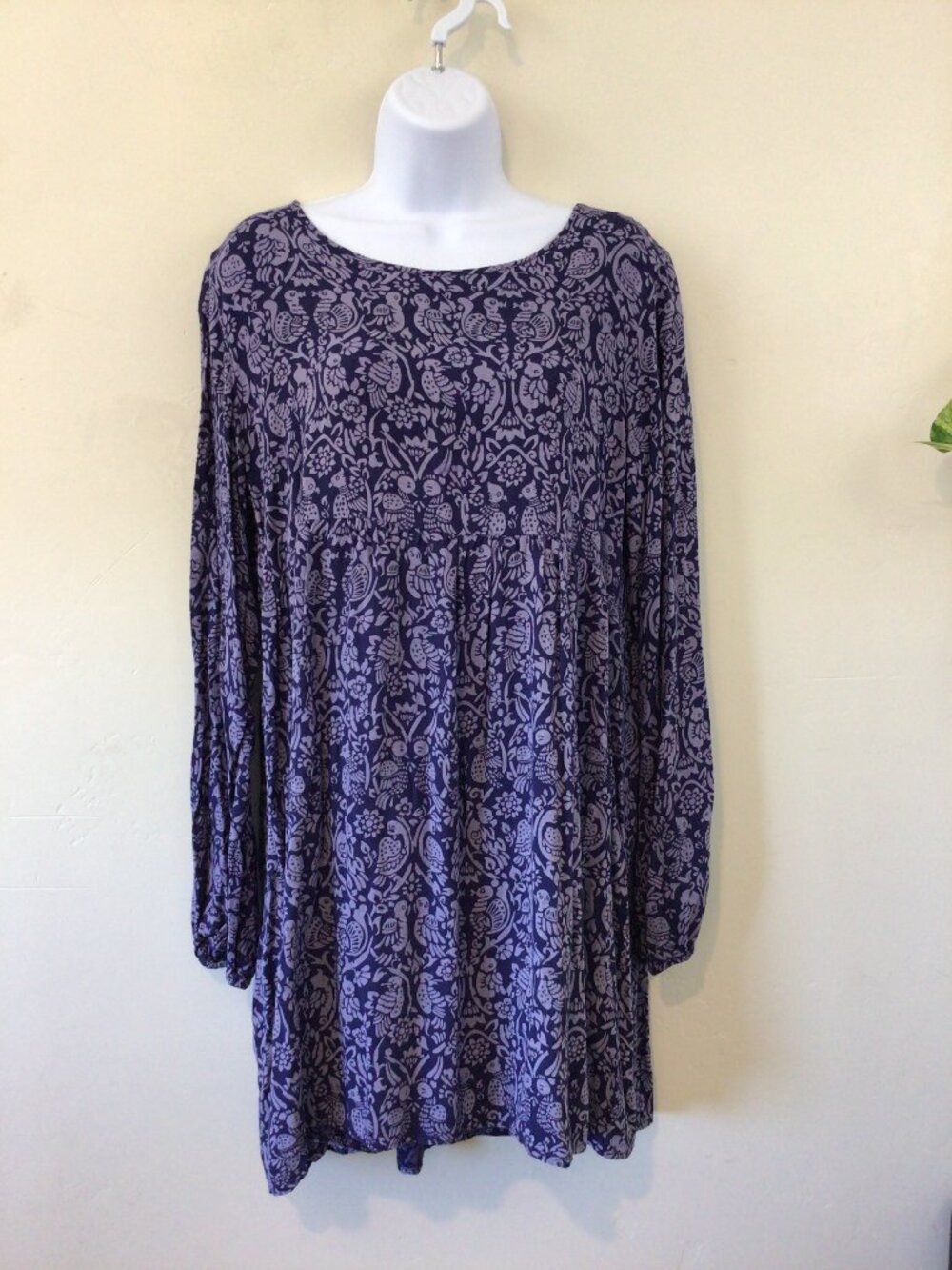 Roxy Purple Bird and Floral Print Long Sleeve Baby Doll Dress